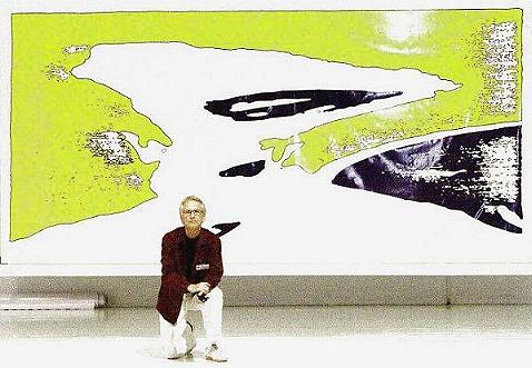 the artist Ture Sjolander (17 September 2003)  in front of a large print on canvas, from TIME 1966.